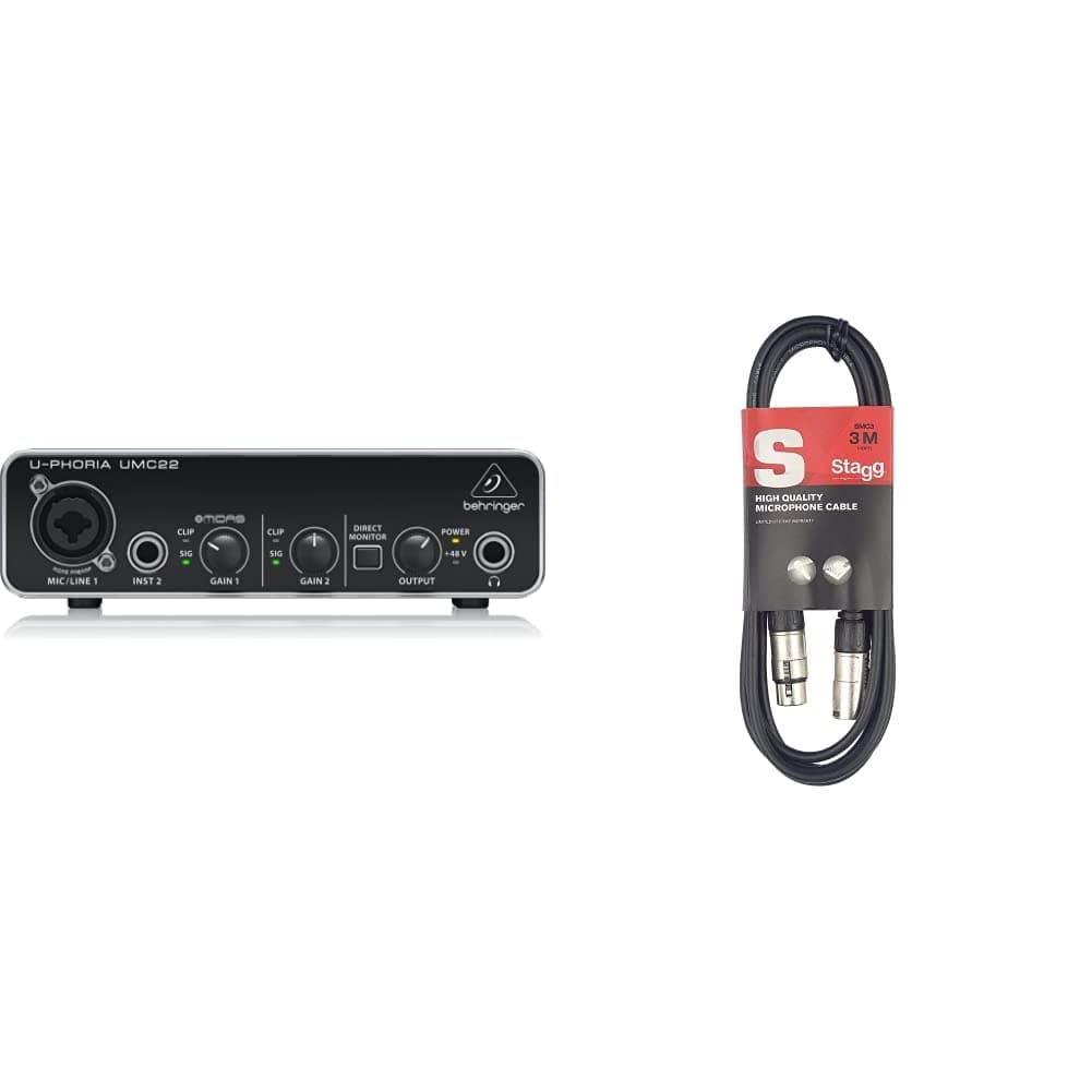 Behringer UMC22 audiophile 2x2 USB audio interface with Midas microphone preamp & Stagg SMC3 3m XLR to XLR Plug Microphone Cable, Black