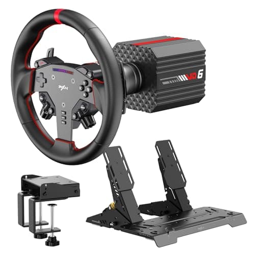 PXN VD6 Bundle: PC Steering Wheel and Pedals – 6 Nm Direct Drive Servo Motor Base, W AS Racing Wheel, Hall Effect 3-Pedal Set, and Table Clamp – Professional Sim Racing Setup for Windows PC (7–11)