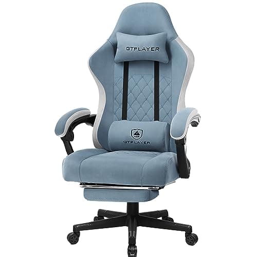 GTPLAYER Fabric Gaming Chair with Footrest, Ergonomic Computer Desk Chair with Pocket Spring Cushion Home Office High Back Support Lumbar Support Heavy Duty Wide, Light Blue