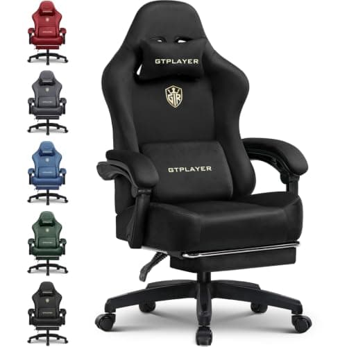GTPLAYER Fabric Gaming Chair, Ergonomic Computer Chair with Footrest and Lumbar Support Height Adjustable Home Office with 360°-Swivel Seat and Headrest (Black)