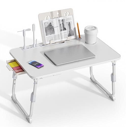 BTGGG Laptop Bed Table Height Adjustable, Upgraded Bed Desk with USB Charge Port & Side Drawer, Portable Lap Desk for Sofa with Tablet Slot & Cup Holder, Laptop Stand for Working Reading (White)