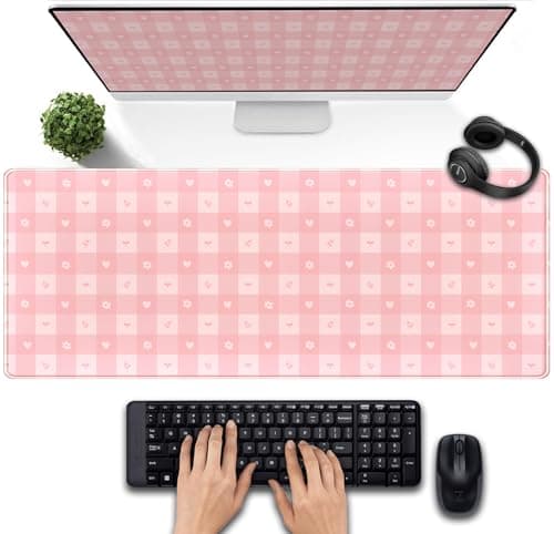 Pink Minimalist Gingham Floral Desk Mat Gaming Mouse Pad Large Cute Pastel Desk Pad Deskmat Kawaii, Women Office Desk Cover Mat, Laptop Computer Keyboard Mat Mousepad Desk Accessories 31.5"x11.8"