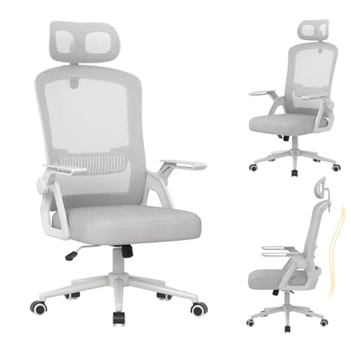 naspaluro Ergonomic High Back Office Chair, Breathable Mesh Desk Chair with Adjustable Headrest, Lumbar Support, Flip-up Armrests and Comfy Seat Cushion, Computer Chair for Home Office, Grey