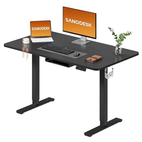 SANODESK Electric Standing Desk 110 * 54 One Piece Height Adjustable Desk With Memory Smart Panel Sit Stand Table With Hooks for Home Office, Dark Black
