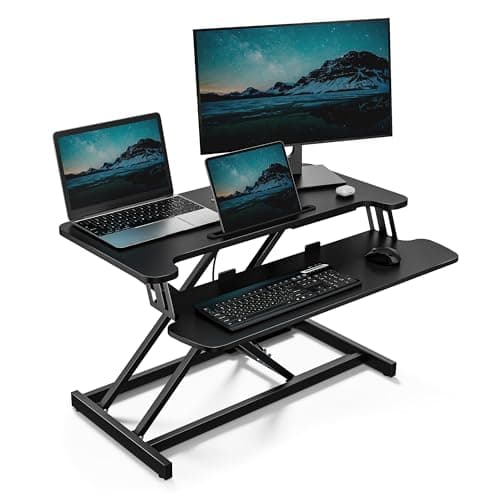 VonHaus Standing Desk Converter, Height Adjustable Computer Workstation with Keyboard Shelf, Dual Monitor Desk Riser w/Tablet Holder - 80x40cm | Height Adjustable Computer Workstation, Keyboard Shelf, Dual Monitor Desk Riser, Tablet Holder, 80x40cm