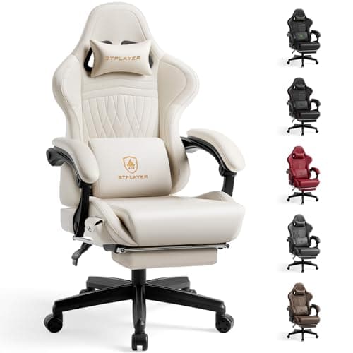 GTPLAYER Gaming Chair with Speakers, Heavy Duty Computer Chairs with Footrest Bluetooth Linkage Armrest and Lumbar Support, Ergonomic Height Adjustable PC Chair for Adults, Ivory