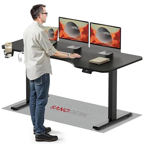 SANODESK 160×75CM Electric Standing Desk Height Adjustable Corner Standing Desk with Hooks and Cupholder Sit Stand Table Adjustable Desk with Memory Smart Pannel for Home Office