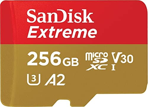SanDisk Extreme 256 GB microSDXC Memory Card + SD Adapter with A2 App Performance + Rescue Pro Deluxe, Up to 160 MB/s, Class 10, UHS-I, U3, V30, Red/Gold
