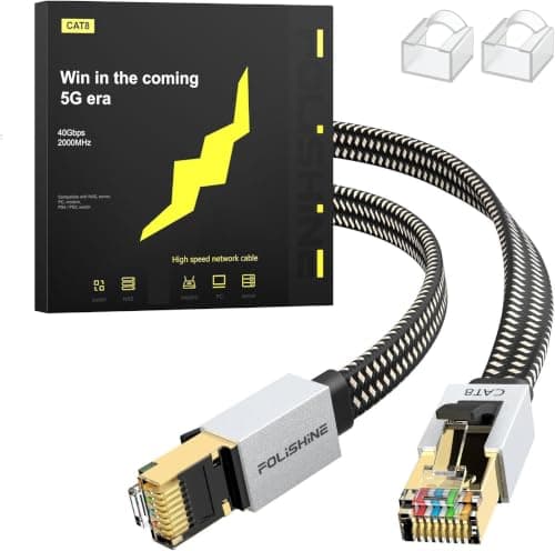 Cat 8 Ethernet Cable 2M, High Speed Gigabit Nylon Braided Lan Network Cat 8 Patch Cord, 40Gbps 2000Mhz RJ45 Flat Cable Shielded, Indoor&Outdoor for Modem/Router/switch, Faster than Cat5e/Cat6/Cat7