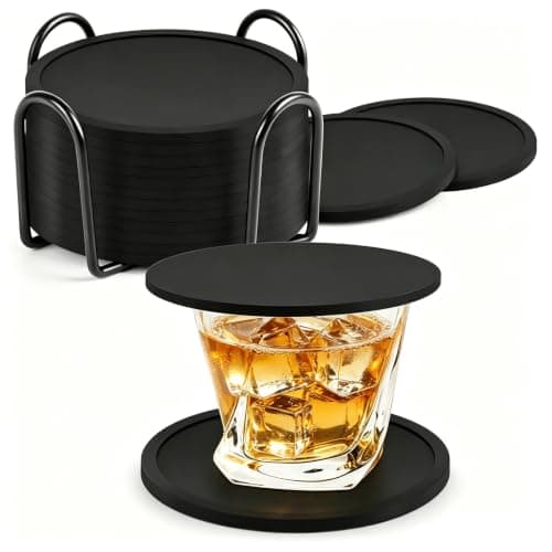BOENFU Coasters Set of 12 Silicone Drinks Coasters with Holder Heat Resistant, Non-Slip, Black Drinks Coasters for Home, Office, Bars, 10cm