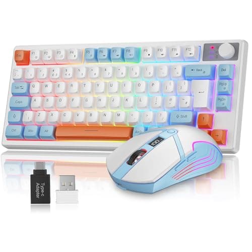 Rewurnth Wireless Keyboard and Mouse Set, 75% Compact UK Layout Gaming Keyboard with Volume Knob, Rechargeable RGB Backlit Mouse with Power Display for PC Mac Xbox PS4