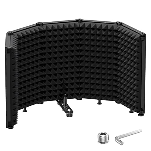 Moukey Microphone Isolation Shield Foldable 5 Panels with Triple Sound Insulation, Reflection Filter with 3/8" and 5/8" Mic Threaded Mount for Recording, Podcasts, Singing, and Broadcasting