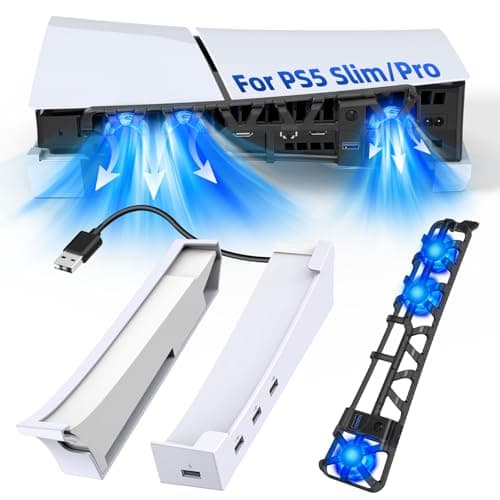 FASTSNAIL Horizontal Stand & Cooling Fan for PS5 Pro/Slim Digital/Disc, Controller Charger Station with 4 USB Hub, Separate Silent 3 High-Speed Fan with USB 3.0 Port & LED Light for PS5 Slim Console