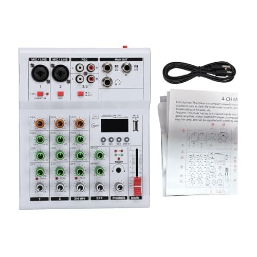 Bediffer 4 Channel Portable Mini Sound Mixer for Home Studio Recording Live Streaming, Compact Mixing Board with BT MP3 USB 48V Phantom Power Built-in Guitar Amp, Ideal for Karaoke (White)
