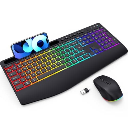 Virfour Wireless Keyboard and Mouse Set with Rainbow Backlit,2.4GHz Full Size Rechargeable Combo with Phone/Tablet Holder,Ergonomic Wrist Rest,Silent Mouse Keyboard for Mac/Windows/PC/Laptop (Black)