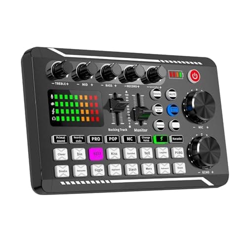 F998 Audio Mixer Sound Card Kit, DJ Controller with Microphone, Bluetooth 5.0 Live Streaming Mixer for Phone & PC, Rechargeable Podcast Equipment with LED Effects