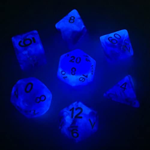Bescon Super Glow in the Dark Nebula Glitter Polyhedral Dice Set DEEP SPACE, Luminous RPG Dice Set,Glowing Novelty DND Game Dice Set, Novelty DND Game Dice d4 d6 d8 d10 d12 d20 d% in Brick Box