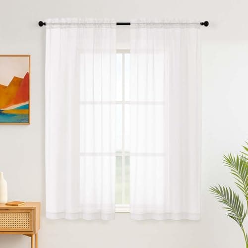 Simplebrand White Voile Sheer Curtains Set of 2, 106cm W x 163cm L Slot Top Net Curtains, Light Filtering Solid Plain Window Sheer Voile Panels for Bedroom Living Room Kitchen Window Treatments