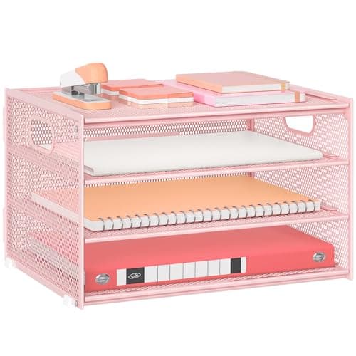 Marbrasse Desk Organiser,4 Tier Mesh Letter Tray with Handle,Magazine File Holder,Letter Paper Document Storage Rack,Filing Trays Organiser for Office Home School (Pink)