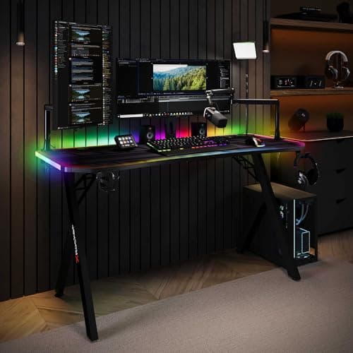 X-Rocker Lumio XL 140cm x 60cm, RGB LED Gaming Desk - App-Controlled Lights, Large Dual Monitor, Headphone Hook, Cup Holder, Sturdy Metal Frame for Adults & Kids - Black - Mouse Mat Included