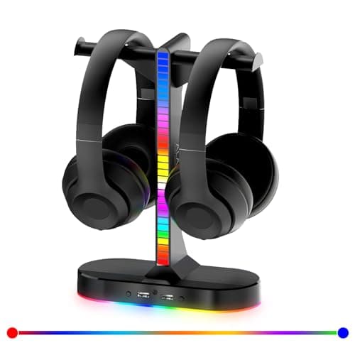 ALACOO Dual Headphones Stand for Desk with 2 USB Port and 3.5mm Audio Port, Double Headphone Hanger Led, Headset Stand RGB with Non-Slip Base, Gaming Headset Holder for Gamer, All Headsets/Earphones