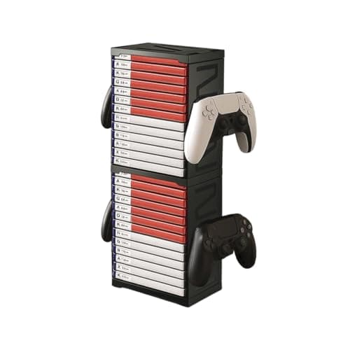 M.J COMFY-LIFE Game Storage Tower Universal Game Storage Rack Vertical Stand Holds 24 Discs for PS5 Xbox Series X/S Switch with Controller Hook Double Layer Storage Black