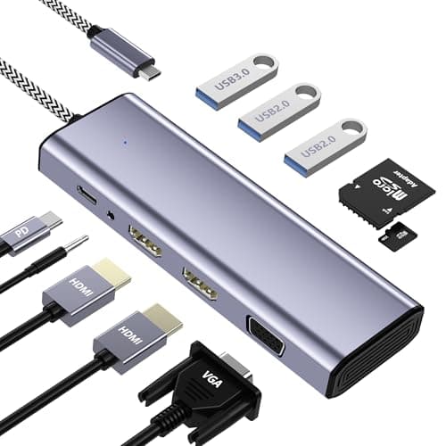USB C Docking Station Dual Monitor, USB C to Dual HDMI Adapter, 10 in 1 Docking Station 3 Monitors with HDMI/VGA/PD/USB/SD/TF/3.5mm Audio, Compatible with Dell, HP, Lenovo