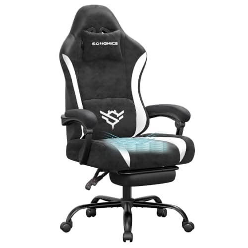 SONGMICS Gaming Chair, Ergonomic Computer Chair with Footrest and Lumbar Support, Video Game Chair with 90°–135° Recline, Ink Black and Cloud White, for Home Office, Suede Fabric OBG092BH01