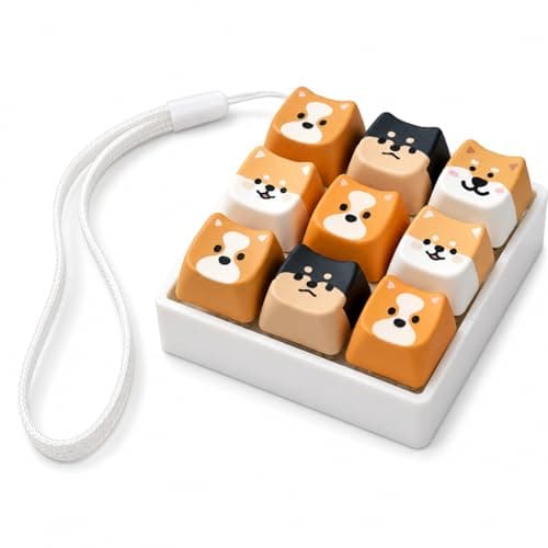Cute Dog PBT Keycaps Set of 9 with Fidget Clicker Keychain, Dye-Sub Novelty Artisan Key Caps, 3D Tray, Custom MX Mechanical Keyboard Accessories