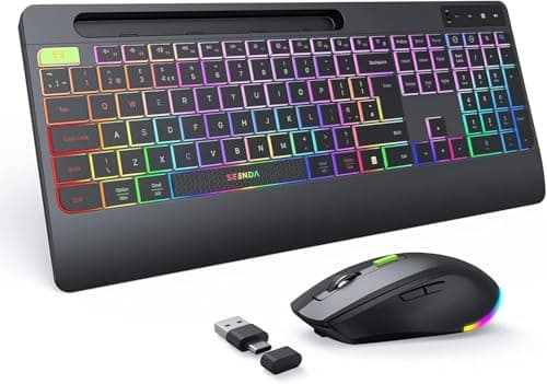 seenda 2.4G Wireless Keyboard and Mouse Combo with Rainbow Backlit, Rechargeable Keyboard and Mice Set UK Layout Full Size with 2 in 1 USB C & USB A Dongle and Wirst Rest, Black