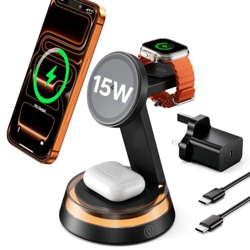 KPON 3 in 1 Wireless Charging Station for iPhone and Apple Watch, 15W Fast Magnetic Charger Stand with Adjustable Angle and Night Light, Charging Dock for Apple Devices, Desk & Bedside Organizer