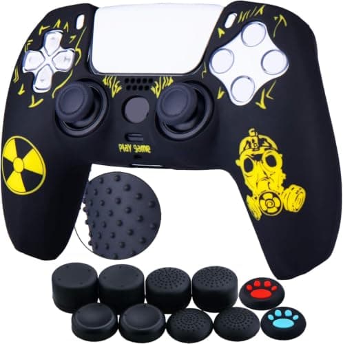 YoRHa Silicone Rubber Back Dots Carving Customizing Skin Cover for PlayStation 5 PS5 Controller x 1(Radiation Yellow) with Pro Thumb Grips x 10