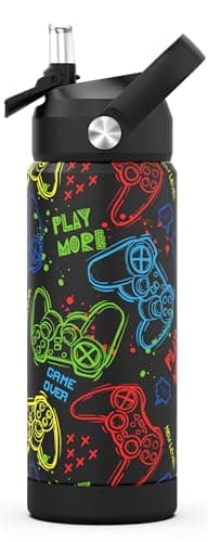 ntskood Boys Game Water Bottle for School,Kids 18 oz Insulated Stainless Steel Cup with Straw, Double-Wall Vacuum Leakproof