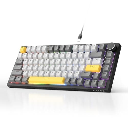 AJAZZ AK820 Wired Mechanical Keyboard, 75% Gaming Keyboard with Volume Control Knob, PBT Keycaps, 82 Keys, Five-Layer Sound Insulation Pad, South-Oriented RGB, Full-Key Hot Swap, Black Grey Yellow