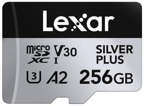 Lexar Silver Plus 256GB Micro SD Card up to 205 MB/s, MicroSDXC UHS-I | Flash Memory Card with Adapter, C10, U3, A2, V30, Full HD, 4K UHD, High Speed TF Card for Drone, Action Camera, Handheld Cons