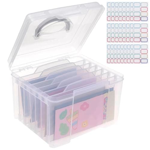 NZWBSHSSP Greeting Card Storage & Organizer Box with 6 Adjustable Dividers for Holiday Birthday Photos, Crafts, Scrapbook, Paper, Stickers, Envelopes and More, Plastic Box of Card