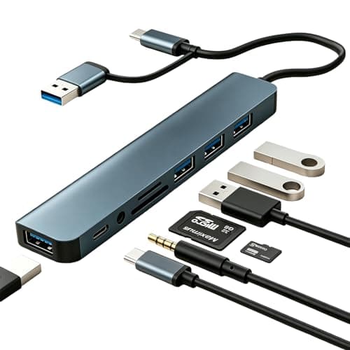 USB C Adapter 8 in 1, USB Hub with USB 3.0 & Triple USB 2.0 Ports, Type C Data Interface, SD/TF Card Reader, 3.5mm Audio Jack, USB Multiport Adapter Compatible with Smartphones, Laptops, Switch, Pad