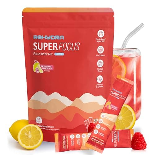 Rehydra Superfocus Nootropic Energy Drink Powder for Energy, Focus & Mental Clarity, with Lion’s Mane, Alpha GPC & Rhodiola, Zero Sugar, 30 Servings