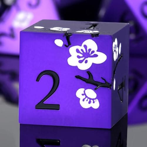 Matt Purple D&D Metal Dice, DNDND 7 PCS Heavy Metallic DND Dice Set with Grogeous Gift Case for Dungeons and Dragon Tabletop Game (Matte Purple with White Flowers)