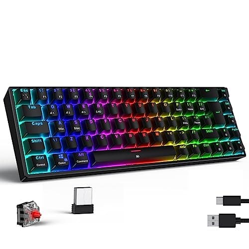TECURS Wireless Gaming Keyboard Mechanical RGB UK Layout TKL 65% Rollover Anti-ghosting Bluetooth / 2.4G Keyboard Red Switch for PC Gamer/iPad/ PS4/Android, Black