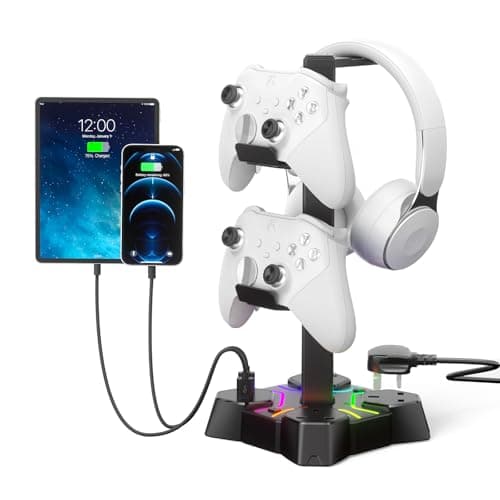 KDD RGB Headphone Stand with USB Charger, Controller Stand for Desk, Headset Stand Holder with 2 USB Charging Ports and 3 AC Outlets Extension Lead Socket,Gaming Headset Desk Accessories
