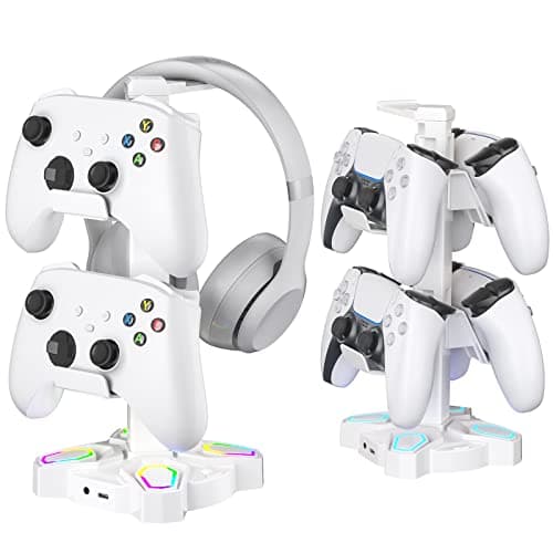 KDD Gaming Headphones Stand, Rotatable Headset Stand with 9 Light Modes - Controller Holder with 2 USB Charging Ports and 3.5mm & Type-C Port - Earphone Hanger Accessories for Desktop Gamer