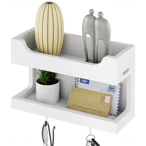 NiHome Wall Mounted Wooden Bedside Accessories Organizer, Double Tray Bedside Wall Storage Shelf Rack with Magnetic Hooks, Bedroom Dorm Wall Caddy Holder for Phone Glasses Alarm Clock Remote (White)