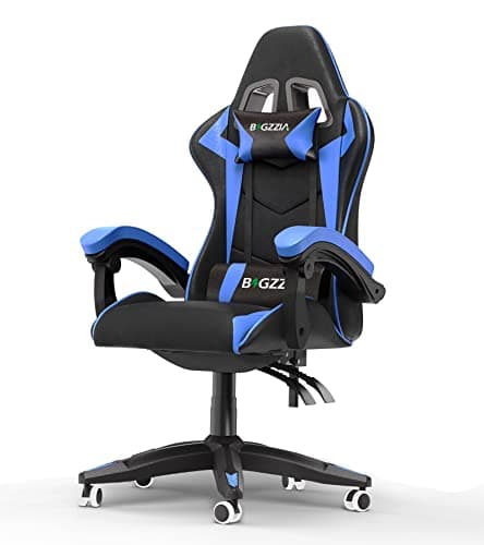 Bigzzia Gaming Chair with RGB Computer Chair with Light Reclining PU Leather Video Game Chair with Headrest Adjustable Lumbar Support (Without RGB led, Black/Blue)