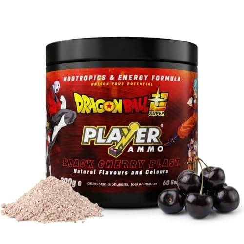 PLAYER AMMO X Dragon Ball Super | Black Cherry Blast Energy Powder | 60 Servings | Boost Focus Nootropics & Performance – Sugar Free Energy Supplement