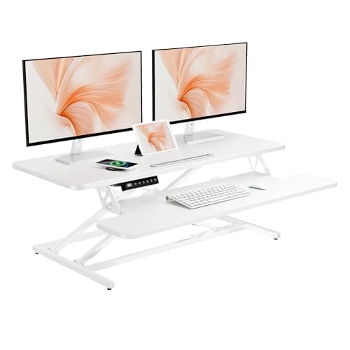 ERGOMAKER 36’’ Electric Standing Desk Converter, Height Adjustable Desk Riser for Monitor and Laptop, Quick Sit to Stand Workstation with Wide Keyboard Tray for Home Office, White