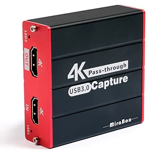 Mirabox Capture Card for streaming Recording,USB3.0 HD Game Video Capture Card, 4 K HD Pass-through,for PS5/PS4/Camera/DSLR/Xbox,Support Windows Mac,Superior Low Latency (Red)