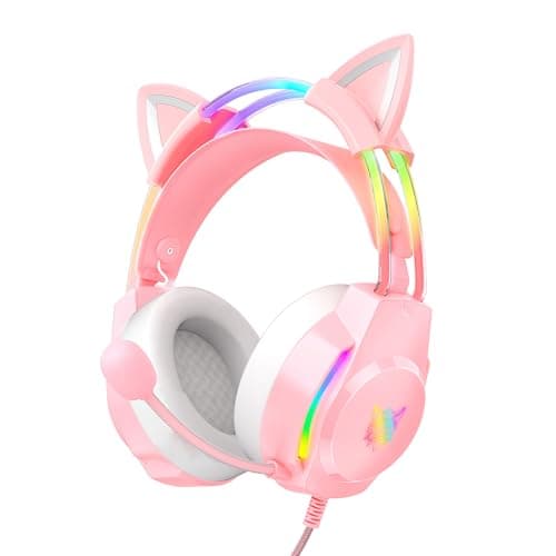 ONITOON Gaming Headset with Cat Ears, RGB Backlight Headphones for PC/PS4/PS5/XBOX/Switch with Noise Cancelling Mic- Virtual 7.1 Surround Sound, Lightweight Design & Auto-Adjust Headband, Pink