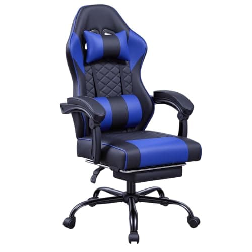 Panana Gaming Chair with Massage Lumbar Support, Retractable Footrest, Reclining Backrest 90-135°, 360° Swivel Desk Chair (Blue)