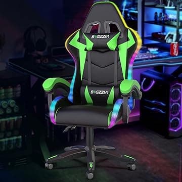 Racingreat Ergonomic Gaming Chair with LED Lights, Headrest, Lumbar Support, Reclining Backrest, and Adjustable Height for Adults (With Led Light, Green)